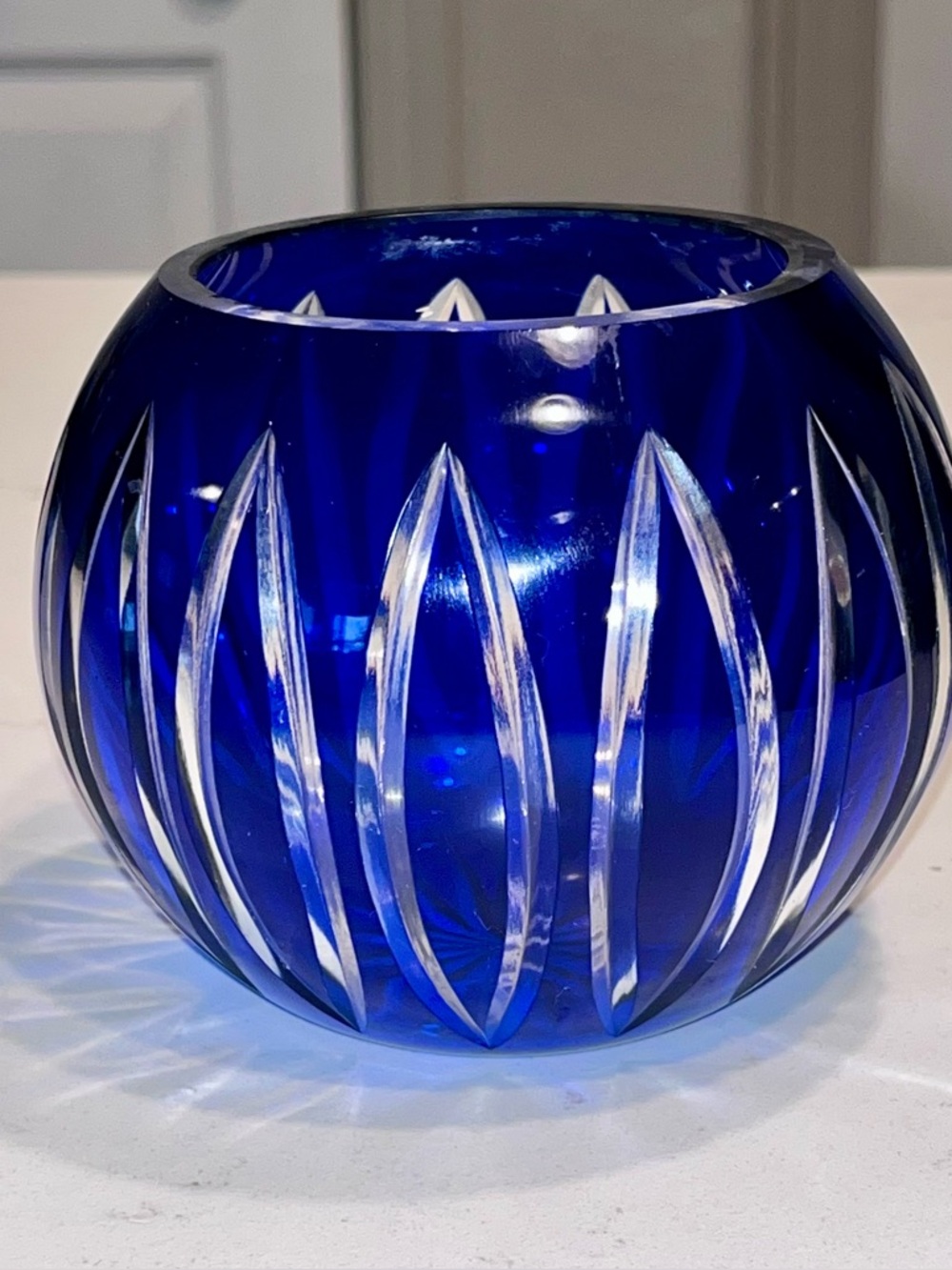 VTG Bohemian glass cobalt blue cut-to-clear crystal rose bowl vase 4”